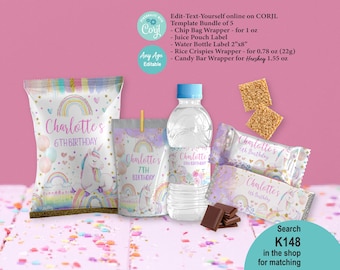 May include: A collection of party favors, including a chip bag, juice pouch, water bottle, rice crispy wrapper, and candy bar wrapper. The items are decorated with a unicorn, rainbow, and the text "Charlotte's 6th Birthday".