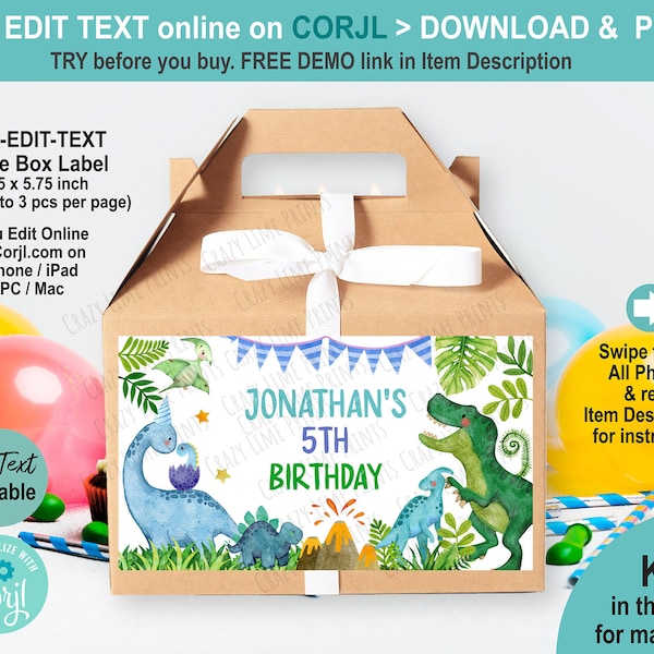 EDITABLE Dinosaur Birthday Gable Box Label. Printable Goody Box / Bag Label Template. Cute Dino Boy Kids Party Favor Personalised Name K017