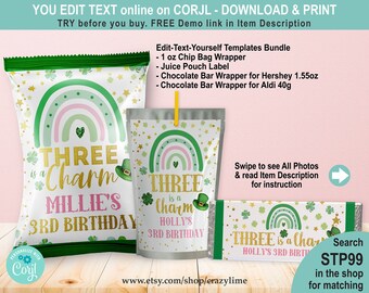 EDITABLE Three is a Charm Girl 3rd Birthday Party Favors Bundle Set of 3 Templates. Pink St Patrick's Chip Bag Chocolate Juice Labels STP99