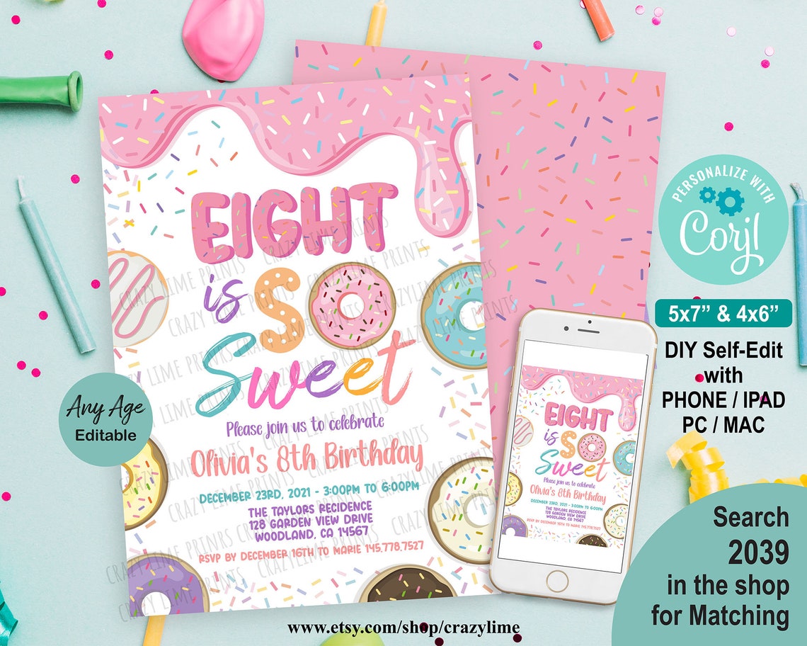 Editable Donut Eight is so Sweet 8th Birthday Party Invitation - Etsy