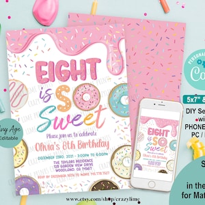 Editable Donut Eight Is So Sweet 8th Birthday Party Invitation Template. Printable Digital Girl Birthday Invite Pastel Rainbow Sprinkle 2039