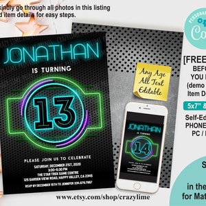 EDITABLE Boy 13th Birthday Invitation Template. Personalised Neon Glow In The Dark Party. Digital Printable Invite. Any Age Kid Teen 2035