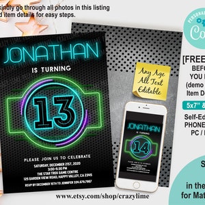 EDITABLE Boy 13th Birthday Invitation Template. Personalised Neon Glow In The Dark Party. Digital Printable Invite. Any Age Kid Teen 2035