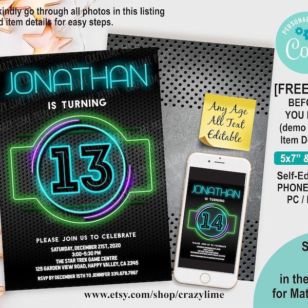 EDITABLE Boy 13th Birthday Invitation Template. Personalised Neon Glow In The Dark Party. Digital Printable Invite. Any Age Kid Teen 2035