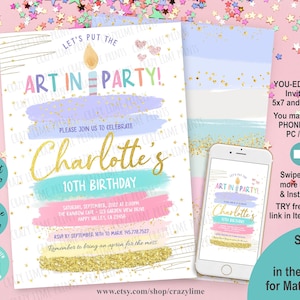 Art Birthday Party Invitation. Editable Girl Painting Party Invite. Canvas Craft Party Pastel Rainbow Glitter Watercolor Brush. Corjl K018
