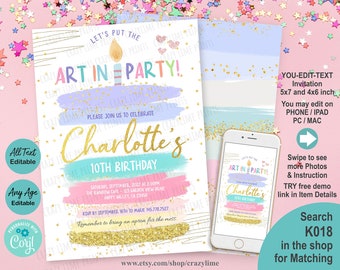 Art Birthday Party Invitation. Editable Girl Painting Party Invite. Canvas Craft Party Pastel Rainbow Glitter Watercolor Brush. Corjl K018