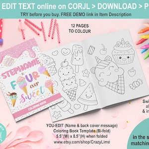 EDITABLE Icecream Fourever Sweet Girl 4th Birthday Party Coloring Book. 8.5 x 11 inch (5.5 x 8.5 inch after folding) Activity Booklet K037