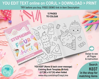 EDITABLE Icecream Fourever Sweet Girl 4th Birthday Party Coloring Book. 8.5 x 11 inch (5.5 x 8.5 inch after folding) Activity Booklet K037