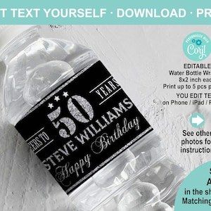 EDITABLE 50th Birthday Water Bottle Label Template. Cheer to 50 Years Adult Birthday Party Favor Personalised Silver Black Table Decor AB126