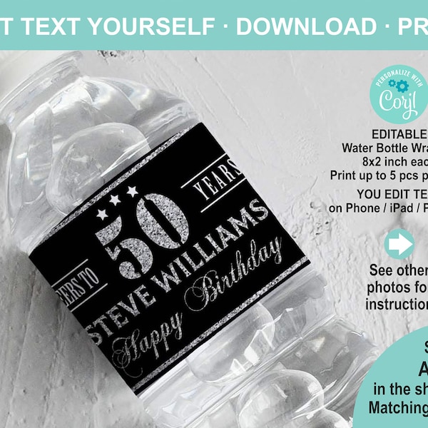 EDITABLE 50th Birthday Water Bottle Label Template. Cheer to 50 Years Adult Birthday Party Favor Personalised Silver Black Table Decor AB126