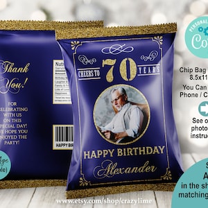 EDITABLE Cheers to 70 Years Adult 70th Birthday Chip Bag Wrapper. Blue and Gold Snack Bag Party Favor. Printable Digital Template. AB126