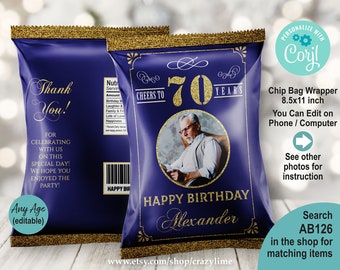 EDITABLE Cheers to 70 Years Adult 70th Birthday Chip Bag Wrapper. Blue and Gold Snack Bag Party Favor. Printable Digital Template. AB126