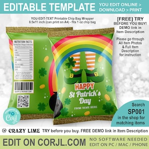 EDITABLE St Patricks Day Chip Bag Template. Kid Saint Patrick's Party Favors. Personalised Text Name Crisp Candy Treat Label SP001 image 1