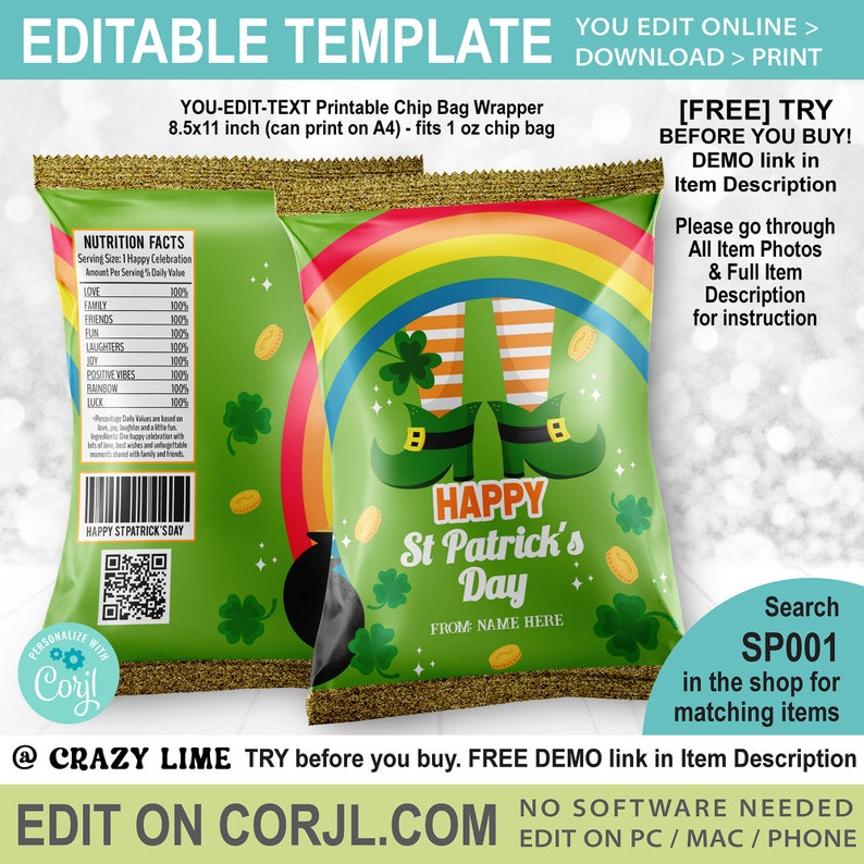 EDITABLE St Patricks Day Chip Bag Template. Kid Saint Patrick's Party Favors. Personalised Text Name Crisp Candy Treat Label SP001 image 1