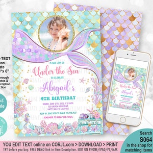 Mermaid Birthday Photo Invitation. EDITABLE Under The Sea Pool Party Birthday Bash Invite. Purple Mermaid Tail Printable Digital. Corjl S064