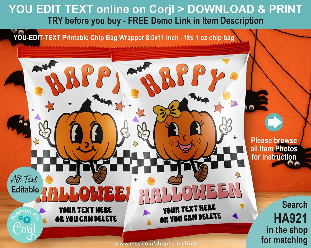 EDITABLE Halloween Chip Bag Template Personalised Name Retro Hippie EDITABLE Halloween Chip Bag Template Personalised Name Retro Hippie
