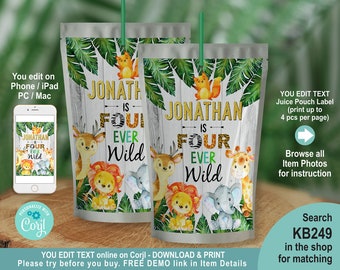 EDITABLE Four Ever Wild jungle zoo safari juice bag label. Forest animals Kid juice pouch sticker. Boy 4th Birthday. Edit w/ Corjl KB249