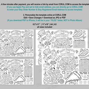 Puede incluir: Una p&aacute;gina para colorear imprimible en blanco y negro con una hoja de actividades de fiesta de cumplea&ntilde;os con tem&aacute;tica de pizza. La hoja incluye un laberinto, una b&uacute;squeda de palabras, un juego de "&iquest;cu&aacute;ntas rebanadas de pizza puedes encontrar?" y un juego de tres en raya. La hoja est&aacute; personalizada con el nombre "Matthew".