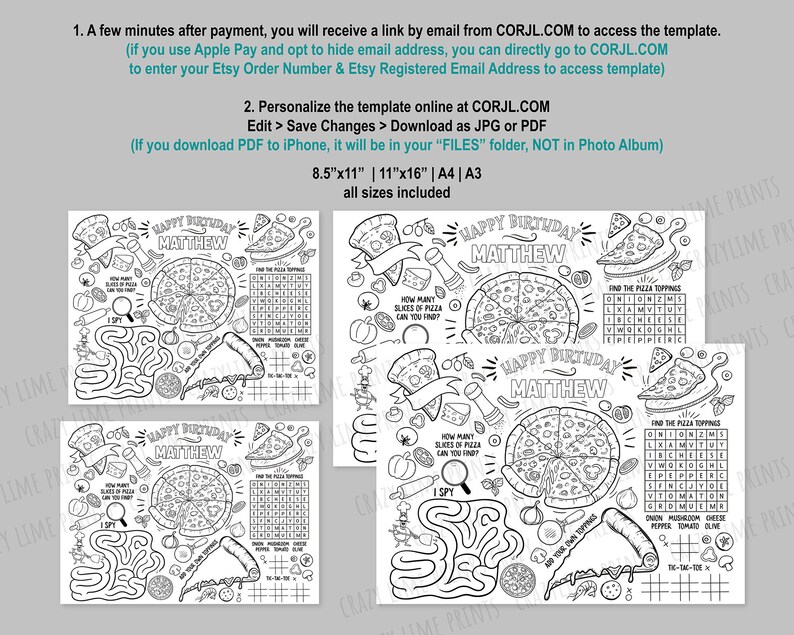 Puede incluir: Una p&aacute;gina para colorear imprimible en blanco y negro con una hoja de actividades de fiesta de cumplea&ntilde;os con tem&aacute;tica de pizza. La hoja incluye un laberinto, una b&uacute;squeda de palabras, un juego de "&iquest;cu&aacute;ntas rebanadas de pizza puedes encontrar?" y un juego de tres en raya. La hoja est&aacute; personalizada con el nombre "Matthew".
