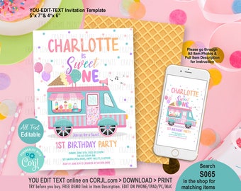 Puede incluir: Una invitación imprimible para una fiesta de primer cumpleaños con un tema de camión de helados rosa y azul. La invitación incluye el texto "Charlotte is Sweet One" y detalles sobre la fiesta, como la fecha, la hora y el lugar. La invitación es personalizable con texto editable.