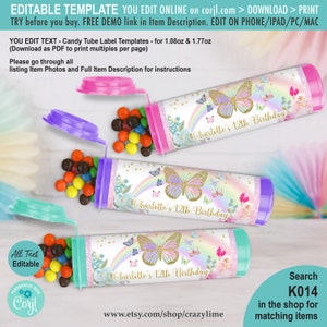 EDITABLE Butterfly Candy Mini Tube Label 1.77oz and 1.08oz Template. Pastel Rainbow Girl Birthday Party Favors Printable Wrapper K014