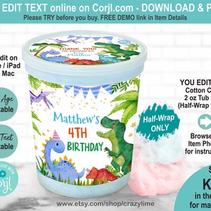 EDITABLE Dinosaur Cotton Candy 2 oz Tub Label. Personalised Party Favor Wrapper. Printable Cute Dino Boy Kid Birthday Any Age. Corjl K133
