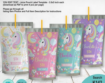 May include: Printable juice pouch labels featuring a unicorn with rainbow colors, clouds, and stars. The labels are customizable with text, including a name and age. The text reads "Charlotte's 5th Birthday".