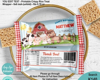EDITABLE Farm Animals Birthday Party Rice Snack Krispies Wrapper Template. Personalised Name & Age Printable Crispy Treat Goody Favors K140