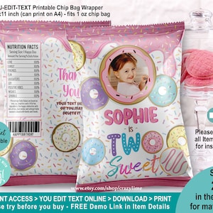 EDITABLE Donut Two Sweet Photo Chip Bag Template. Personalised Girl 2nd Birthday Party Favors Crisp Pastel Treat Bag. Printable Corjl 2039