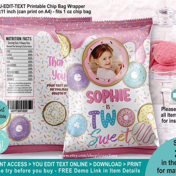 EDITABLE Donut Two Sweet Photo Chip Bag Template. Personalised Girl 2nd Birthday Party Favors Crisp Pastel Treat Bag. Printable Corjl 2039