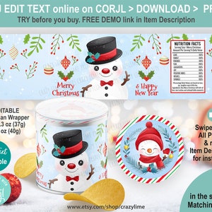 May include: A Christmas-themed chip can wrapper and matching label featuring a snowman with a black top hat, red bow tie, and holly accents. The wrapper fits 1.3 oz (37g) or 1.4 oz (40g) cans. Text includes "Merry Christmas & Happy New Year."