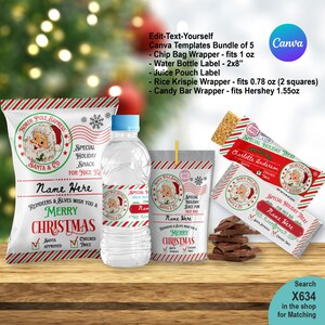 EDITABLE Santa Christmas Party Treat Label Bundle Set 5. Vintage Retro North Pole Express Xmas Eve Box Snack | Canva Customised Name X634.