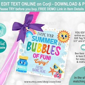End Of School Year Bubble Wand Gift Tag Editable Template. Personalised Name Label. I hope your summer is bubbles of fun. Edit w Corjl  S027