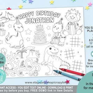 EDITABLE Dinosaur Birthday Party Placemat. Personalised Coloring & Game Table Decoration. Kid Boy Favors. Printable Digital File. Corjl K017