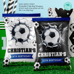 May include: Two printable chip bag wrappers with a soccer ball theme. The wrappers are black and white with a soccer ball bursting through the center. The text on the wrappers reads "Christian's 8th Birthday" and "Christian's 12th Birthday".