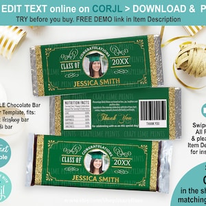 EDITABLE Class of 2025 Graduation Party Chocolate Candy Bar Wrapper Personalised Template w/ Photo. Green & Gold Favor Treat Goody Gift G126