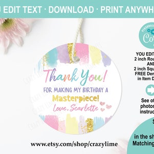 EDITABLE Girl Art Birthday Party Favor Tag. Personalised Thank You Gift Tag Label. Painting Party 2 inch Circle. Printable Download K011