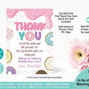 Donut Thank you Card Editable Template. Fully Customised Text. Girl Sweet Birthday Party Thank You Note. Printable Digital Download  2039
