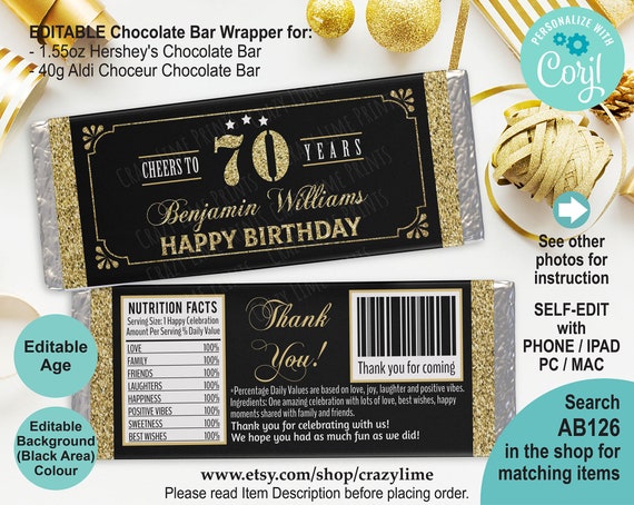 EDITABLE 70th Birthday Chocolate Candy Bar Wrapper | Etsy