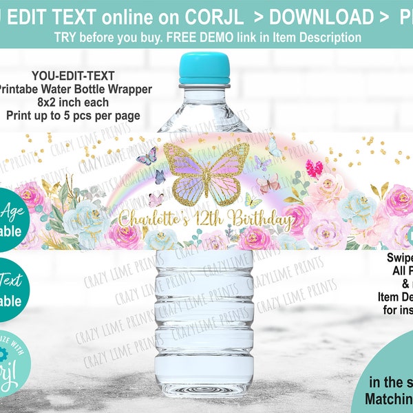 EDITABLE Butterly Water Bottle Label Template. Printable Cute Pastel Girl Party Favor. Personalised Wrapper Table Decoration. Corjl K014
