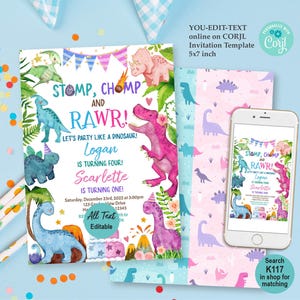 Editable Dinosaur Siblings Joint Birthday Party Invitation. Cute Dino Boy Girl Pink Blue Invite. Jurassic Blue Pink T-rex Digital K117