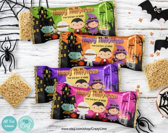 EDITABLE Halloween Rice Snack Krispies Wrapper. Kid Costume Party Crispy Treat Favors Goody Label. Customised Text Name Corjl Template HA923