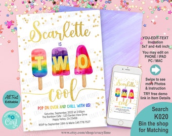 Popsicles Two Cool 2nd Birthday Party Invitation. Editable Girl Summer Party Invite Editable Template. Rainbow Gold Watercolor. Corjl K020