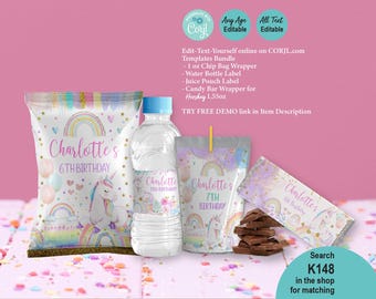 May include: A bundle of party supplies with a unicorn theme. Includes a chip bag wrapper, water bottle label, juice pouch label, and candy bar wrapper. The design features rainbows, unicorns, and the text "Charlotte's 6th Birthday" and "Charlotte's 7th Birthday".