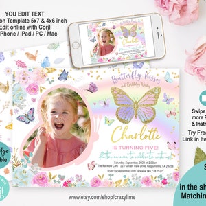 Butterfly Birthday Party Photo Invitation Editable Template. Girl Whimsical Garden Party Invite. Pastel Rainbow Glitter. Edit w/ Corjl K014