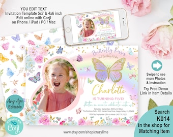 Butterfly Birthday Party Photo Invitation Editable Template. Girl Whimsical Garden Party Invite. Pastel Rainbow Glitter. Edit w/ Corjl K014