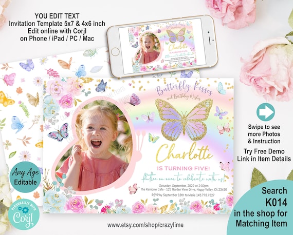 Butterfly Birthday Party Photo Invitation Editable Template. - Etsy