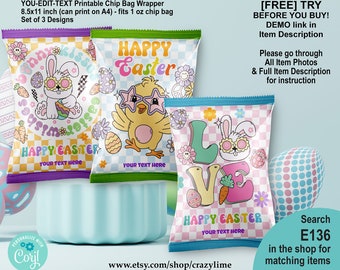 EDITABLE Happy Easter Chip Bag Template Set Of 3 Bundle. Groovy Retro Party Favors. Personalised Text Name Candy Treat Chick Bunny Egg E136