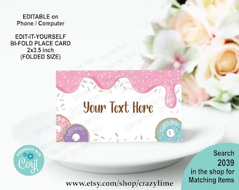 Donut Place Card Template, Pink Sprinkle Decor (Editable, Printable)