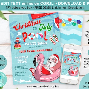 Editable Christmas in July Invitation. Santa Summer Pool Party Invite Template. Fun Birthday. All Text Editable You Edit Online w Corjl S045